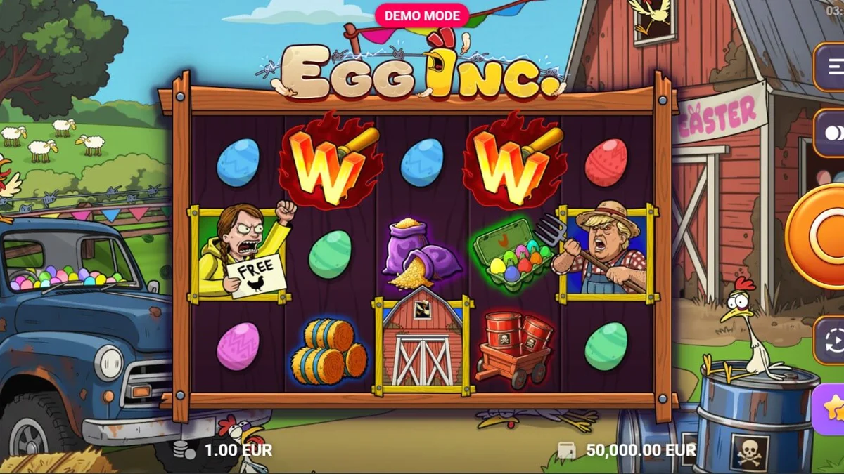 Egg Inc. স্লট গেমের দৃশ্য যেখানে খামারের বিদ্রোহ এবং রঙিন ডিম দেখা যাচ্ছে